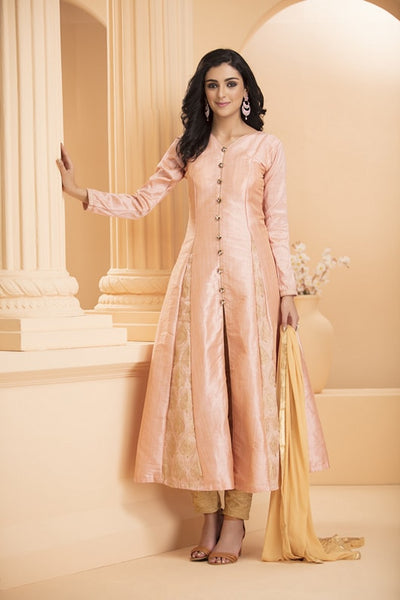 AC-164 PEACH NOUGAT CIRCULAR DRESS WITH FRONT SLIT (READY MADE) - Asian Party Wear