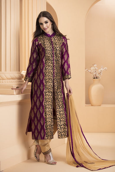AC-168 PURPLE WINE BROCADE SLIT SHIRT AND GOLDEN DUPION TROUSER (READY MADE) - Asian Party Wear