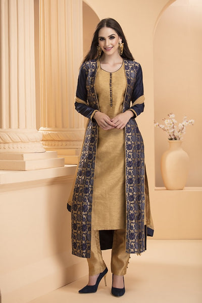 AC-169 NAVY BLUE AND BEIGE BROCADE DETACHABLE JACKET READY MADE DRESS - Asian Party Wear