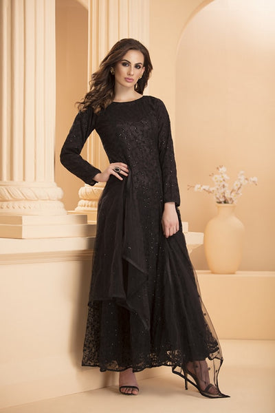 AC-173 BLACK  NET FULLY EMBROIDERED MAXI STYLE READY MADE SUIT - Asian Party Wear
