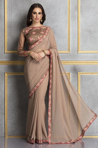 ZACS-60 BROWN GEORGETTE AND DUPION EMBROIDERED WEDDING WEAR SAREE - Asian Party Wear