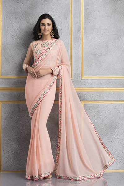 ACS-62 PEACH GEORGETTE AND NET EMBROIDERED PARTY WEAR SUIT - Asian Party Wear