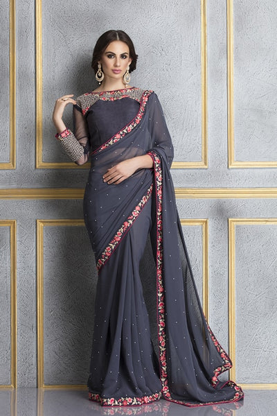 ZACS-63 GREY AND NAVY BLUE GEORGETTE EMBROIDERED SAREE - Asian Party Wear
