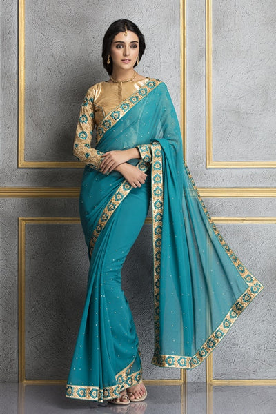 ZACS-66 TEAL BLUE GEORGETTE AND NET PARTY WEAR SAREE - Asian Party Wear