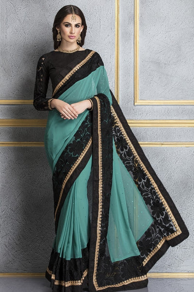 ZACS-67 RAMA AND BLACK GEORGETTE AND LACE NET PARTY WEAR SAREE - Asian Party Wear