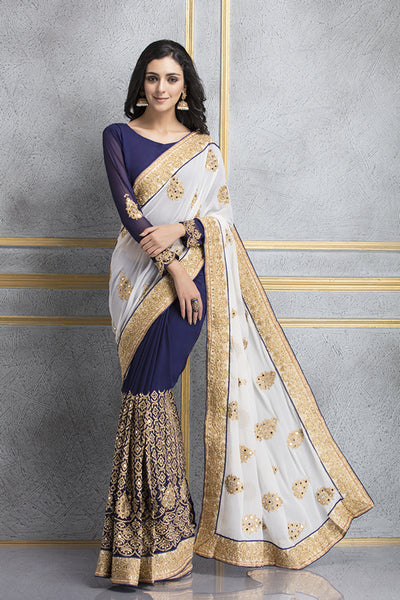ZACS-70 WHITE AND NAVY GEORGETTE HEAVY MIRRORWORK WEDDING WEAR SAREE - Asian Party Wear