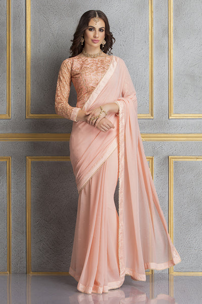ZACS-71 PEACH GEORGETTE AND EMBROIDERED NET WEDDING WEAR SAREE - Asian Party Wear