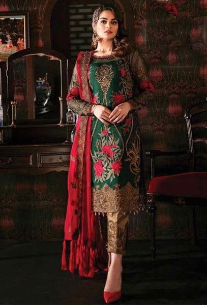 Dark Green & Red Pakistani Ethnic Style Suit - Asian Party Wear