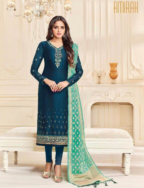 Teal Blue Straight Indian Party Wear Churidar Suit - Asian Party Wear