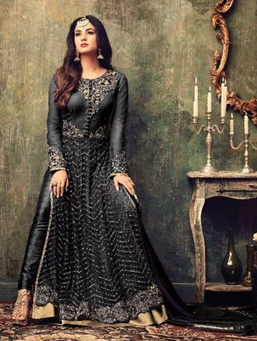 AC4707-E BLACK INDIAN HEAVY EMBROIDERED WEDDING WEAR DRESS - Asian Party Wear