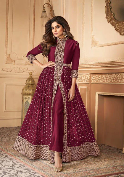 Maroon Indian Designer Suit Party Wear Front Slit Anarkali Dress - Asian Party Wear