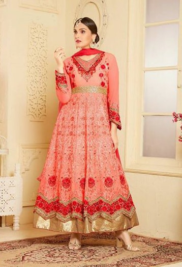 Indian Maxi Coral Peach Party Evening Wedding Anarkali Suit (Ready Made XXL ) - Asian Party Wear