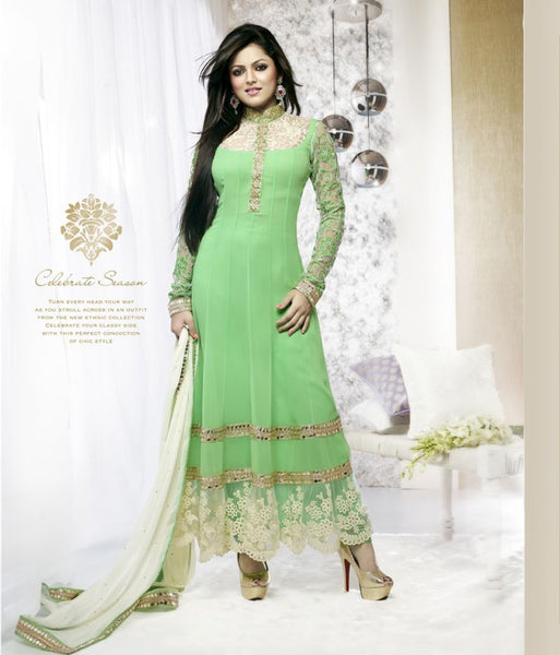 40001 GREEN FLASH GEORGETTE ANARKALI SALWAR KAMEEZ SUIT - Asian Party Wear