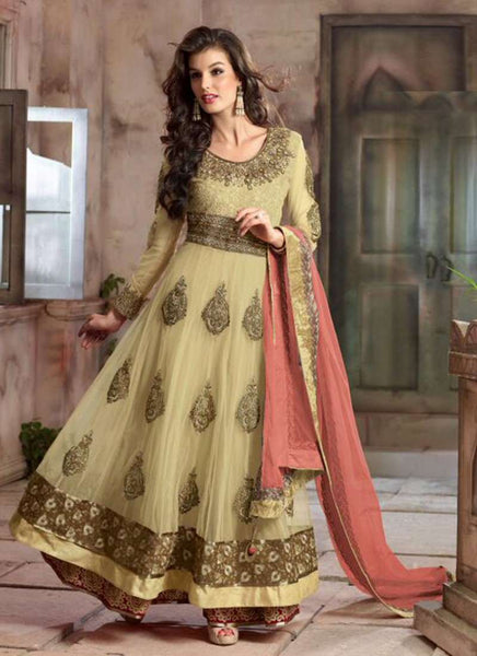 4105-C CREAM RANI DESIGNER ANARKALI DRESS - Asian Party Wear