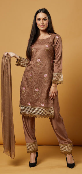 Tawny Birch Brown Embroidered Pakistani Street Style Salwar Kameez - Asian Party Wear