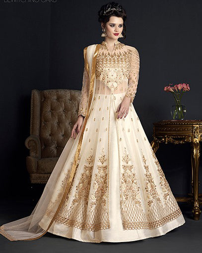 CREAM HEAVY EMBROIDERED INDIAN WEDDING GOWN - Asian Party Wear