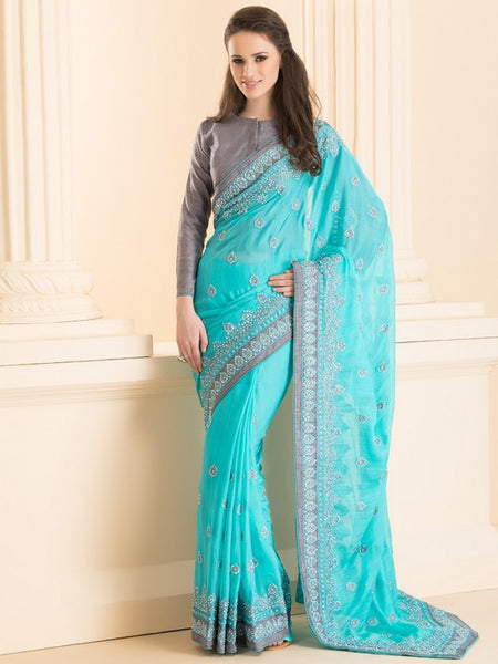 BISCAY GREEN & ASH GREY DESIGNER PARTY SAREE - Asian Party Wear