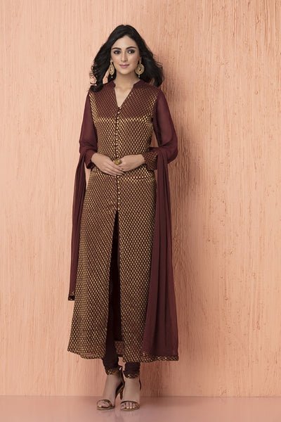 AC-104 DARK BROWN JACKET STYLE CREPE AND CHIFFON READY MADE SUIT - Asian Party Wear