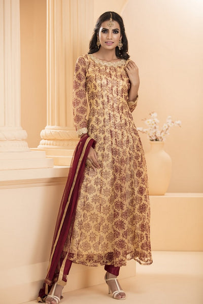 AC-153 BEIGE FLOWERY MAXI STYLE READY MADE SUIT - Asian Party Wear