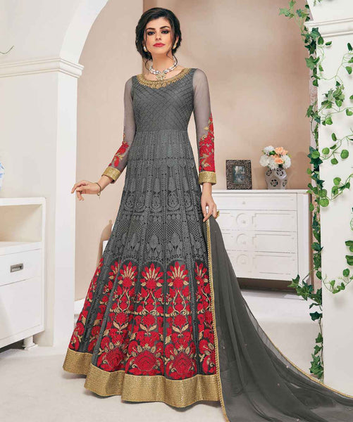 Grey Red Net Anarkali Suit Gown - Asian Party Wear