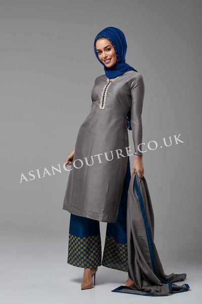 SLEET GREY AND BLUE WINTER WEAR READYMADE PALAZZO SUIT - Asian Party Wear