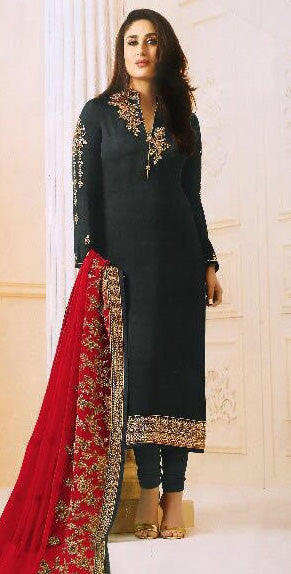 BLACK SATIN GEORGETTE SUIT WITH HEAVY WORK DUPATTA - Asian Party Wear