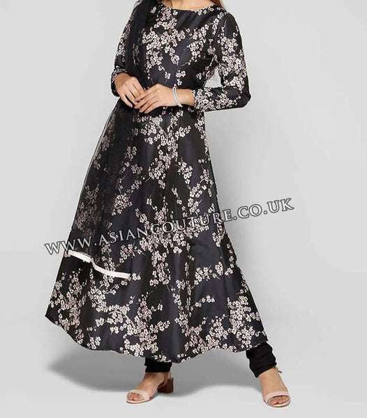 NAVY BLUE FLORAL JACQUARD BROCADE INDIAN DRESS - Asian Party Wear