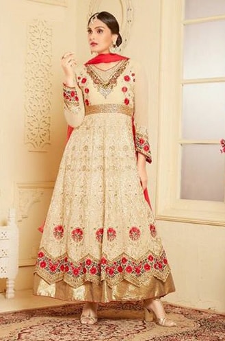 Indian Maxi Cream Party Evening Wedding Anarkali Suit (Ready Made XXL) - Asian Party Wear