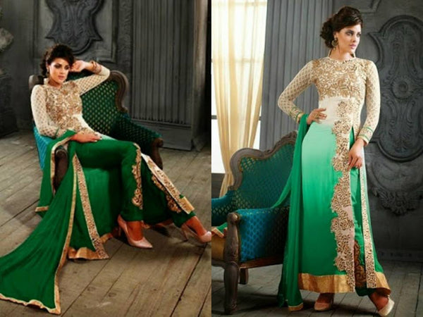5001-B WHITE AND GREEN KESARI ARYAA GEORGETTE PARTY WEAR SUIT - Asian Party Wear