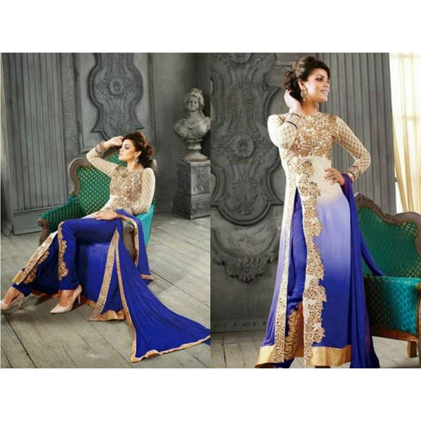 5001-A WHITE AND BLUE KESARI ARYAA GEORGETTE PARTY WEAR SUIT NEXT DAY DELIVERY AVAILABLE - Asian Party Wear