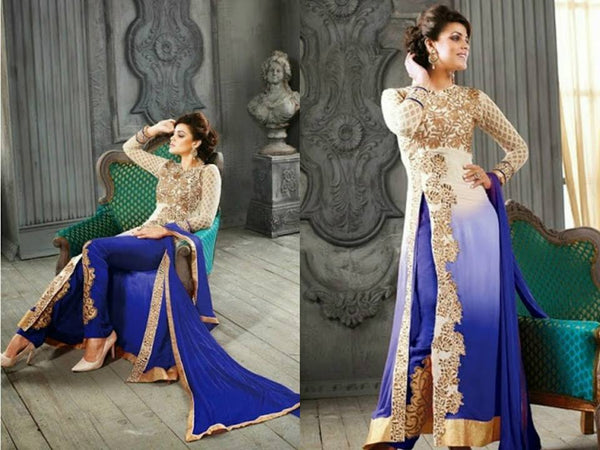 5001-C WHITE AND BLUE KESARI ARYAA GEORGETTE PARTY WEAR SUIT - Asian Party Wear