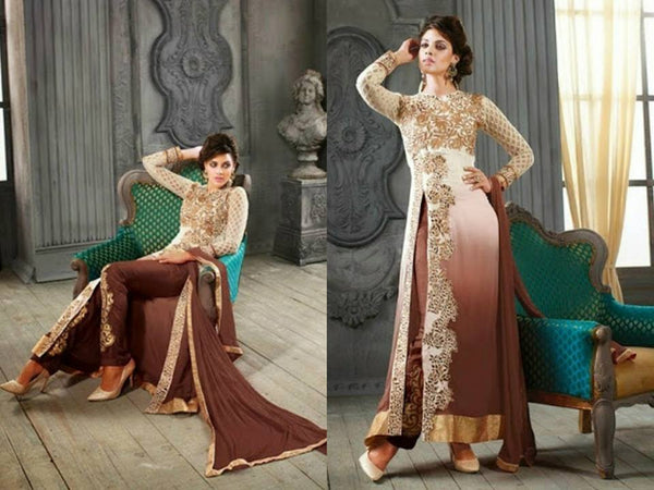 5001-D WHITE AND BROWN KESARI ARYAA GEORGETTE PARTY WEAR SUIT - Asian Party Wear