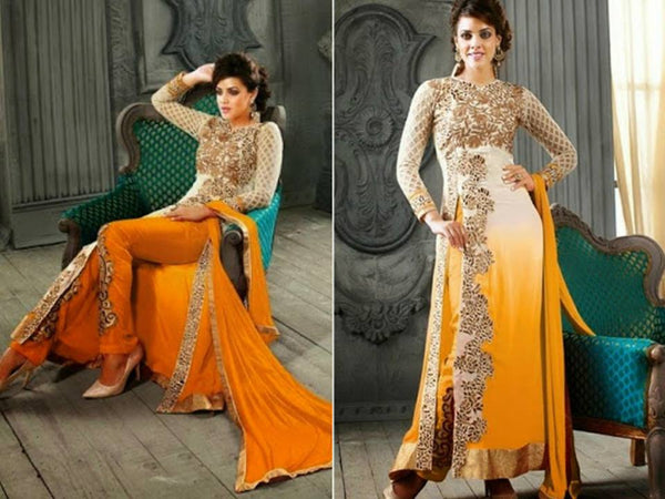 5001-E WHITE AND YELLOW KESARI ARYAA GEORGETTE PARTY WEAR SUIT - Asian Party Wear