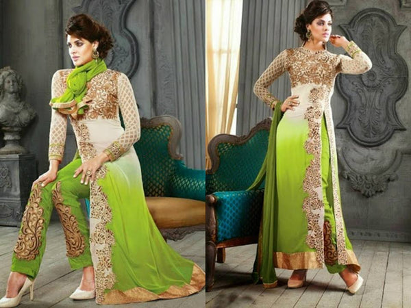 5001-F WHITE AND LIME KESARI ARYAA GEORGETTE PARTY WEAR SUIT - Asian Party Wear