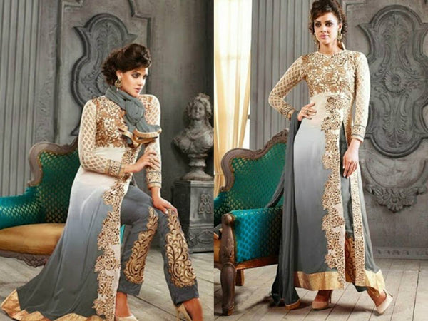 5001-G WHITE AND LILAC GRAY KESARI ARYAA GEORGETTE PARTY WEAR SUIT - Asian Party Wear