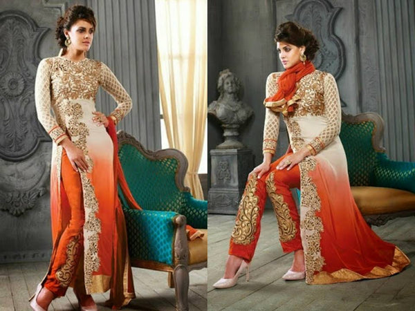 5001-H WHITE AND ORANGE KESARI ARYAA GEORGETTE PARTY WEAR SUIT - Asian Party Wear
