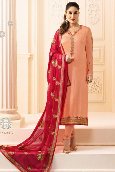 6277 PEACH KASEESH KAREENA KAPOOR SATIN GEORGETTE SUIT WITH HEAVY WORK DUPATTA - Asian Party Wear