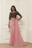 ZACS-610 PINK AND BLACK CONTRAST MATCHING BLOUSE READY MADE SAREE - Asian Party Wear