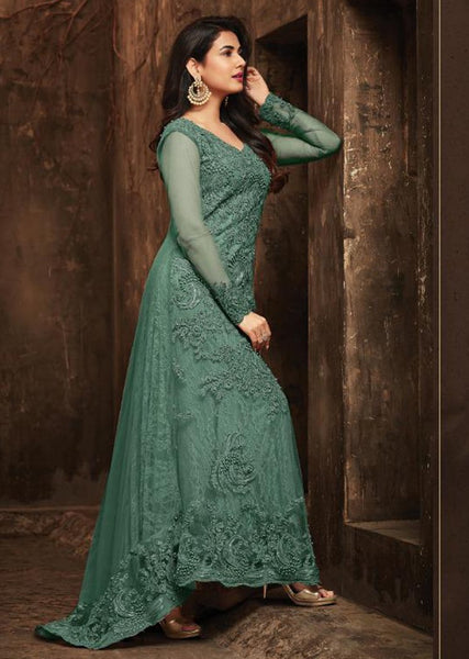GREEN HEAVY EMBELLISHED INDIAN DESIGNER EVENING TRAIL GOWN - Asian Party Wear