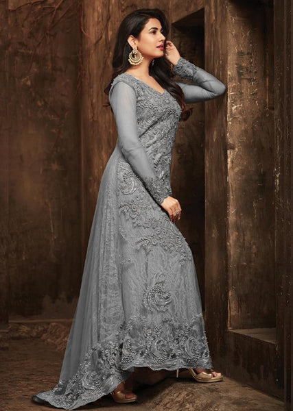 GREY INDIAN PAKISTANI WEDDING TRAIL GOWN (3 weeks delivery) - Asian Party Wear