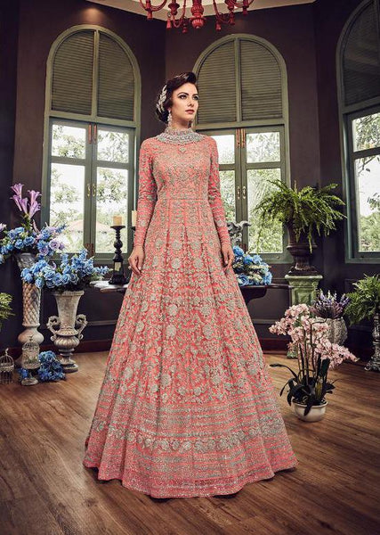 CORAL PINK LUXURY HEAVY EMBROIDERED INDIAN WEDDING BRIDAL GOWN - Asian Party Wear