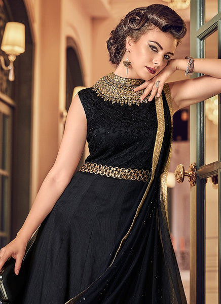 BLACK HEAVY EMBROIDERED INDIAN WEDDING EVENING GOWN Asian Party Wear