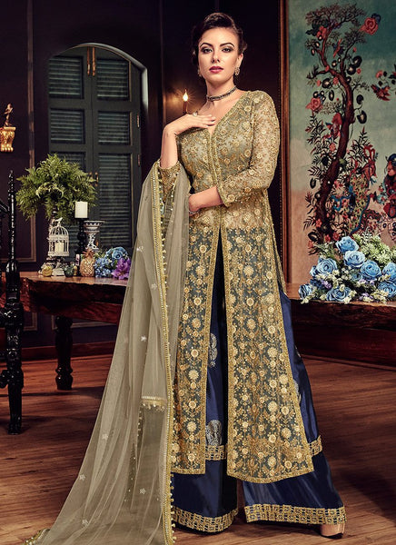 BEIGE AND BLUE HEAVY EMBROIDERED INDIAN WEDDING PALAZZO DRESS - Asian Party Wear