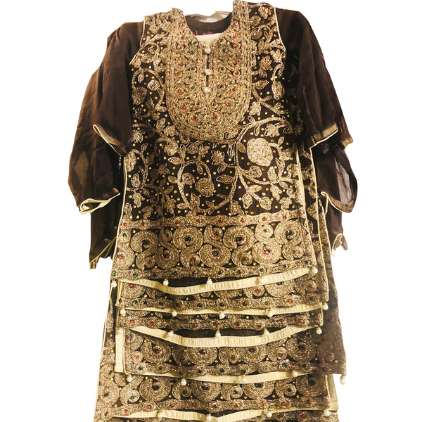 Brown Chiffon Embroidered Kids Outfit Ethnic Girls Suit - Asian Party Wear