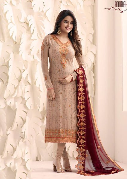 Beige Indian Pakistani Designer Churidar Suit - Asian Party Wear