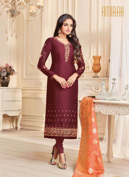 Maroon Straight Indian Party Wear Churidar Suit - Asian Party Wear
