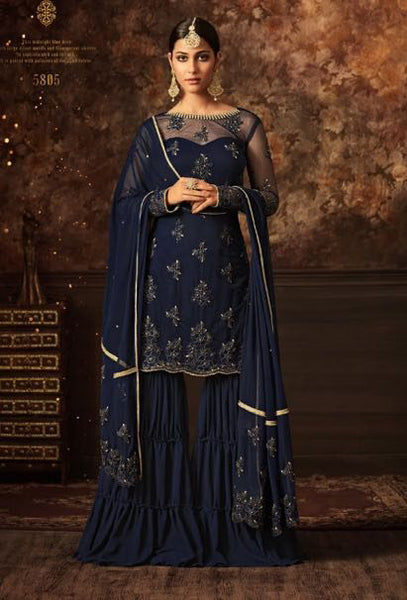 NAVY BLUE INDIAN WEDDING GHARARA SEMI STITCHED SUIT ( DELIVERY IN 2 WEEKS ) - Asian Party Wear