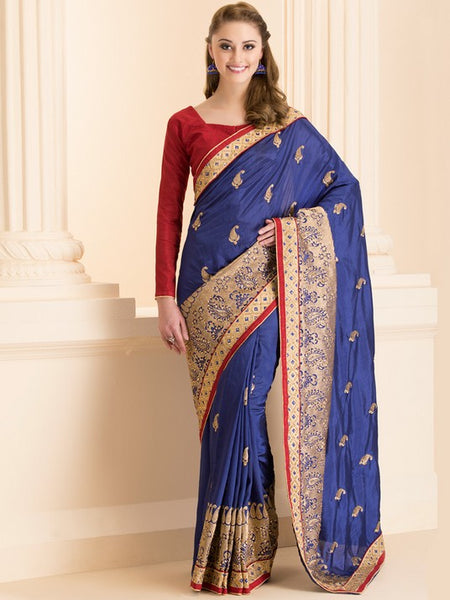 ZACS-29 NAVY BLUE FORMAL SAREE WITH GOLD MOTIFS AND STITCHED BLOUSE - Asian Party Wear