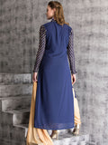 AC-24 CLASSIC BLUE LONG LINE TOP WITH ZIG ZAG LACE SLEEVE READY MADE DRESS - Asian Party Wear