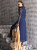 AC-24 CLASSIC BLUE LONG LINE TOP WITH ZIG ZAG LACE SLEEVE READY MADE DRESS - Asian Party Wear